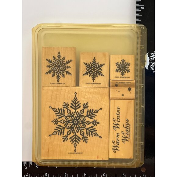 2001 STAMPIN' UP! SNOWFLAKES WOOD MOUNTED RUBBER STAMP SET OF 6 WINTER WISHES - Picture 2 of 5